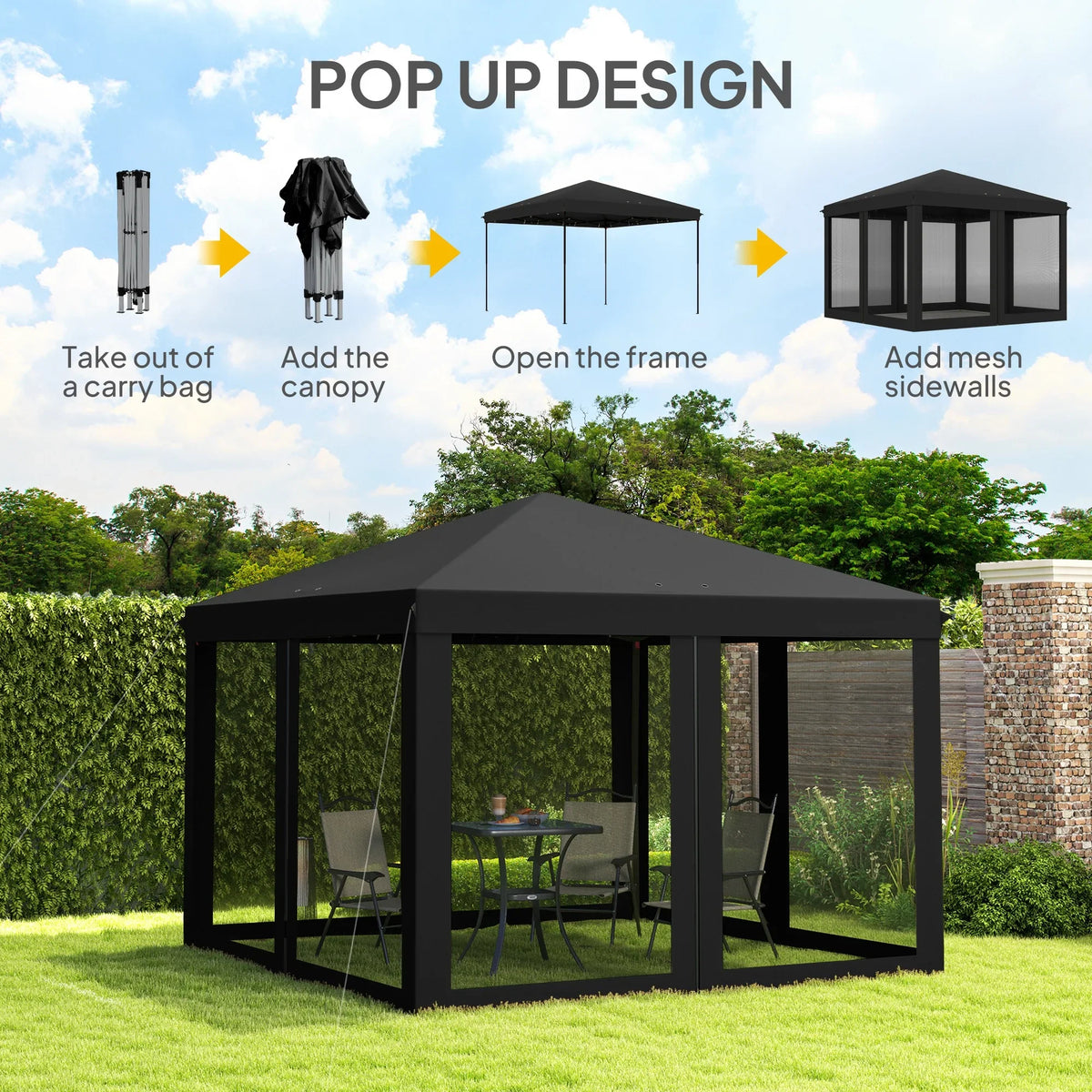 Black pop-up gazebo with mesh sidewalls and open pop-up frame