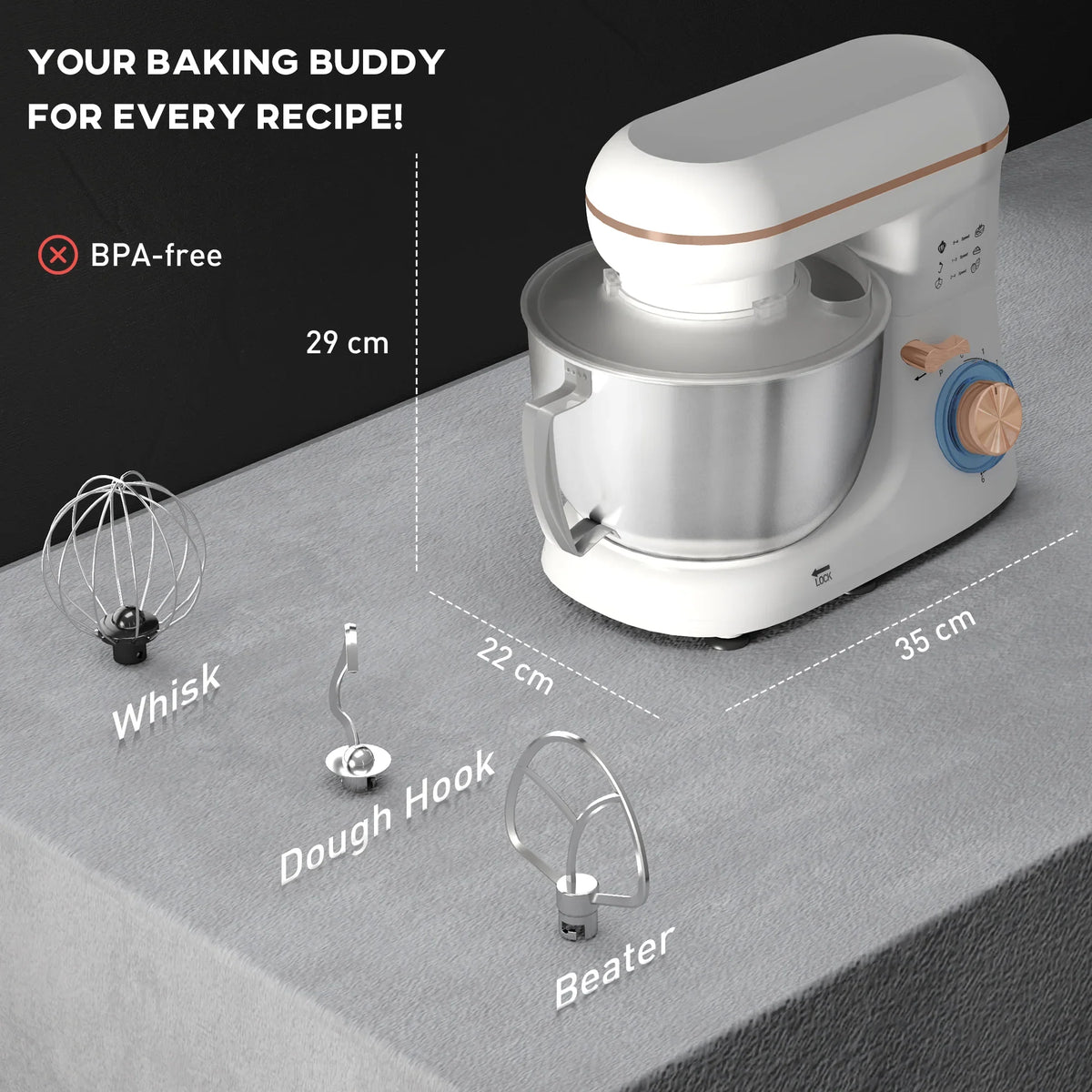 White stand mixer with stainless bowl plus whisk, dough hook, and beater attachments