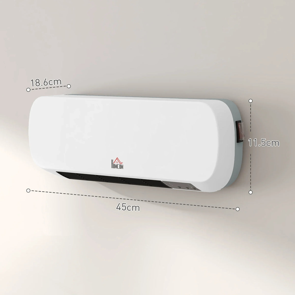White wall-mounted ceramic space heater, front view with measurement dimensions