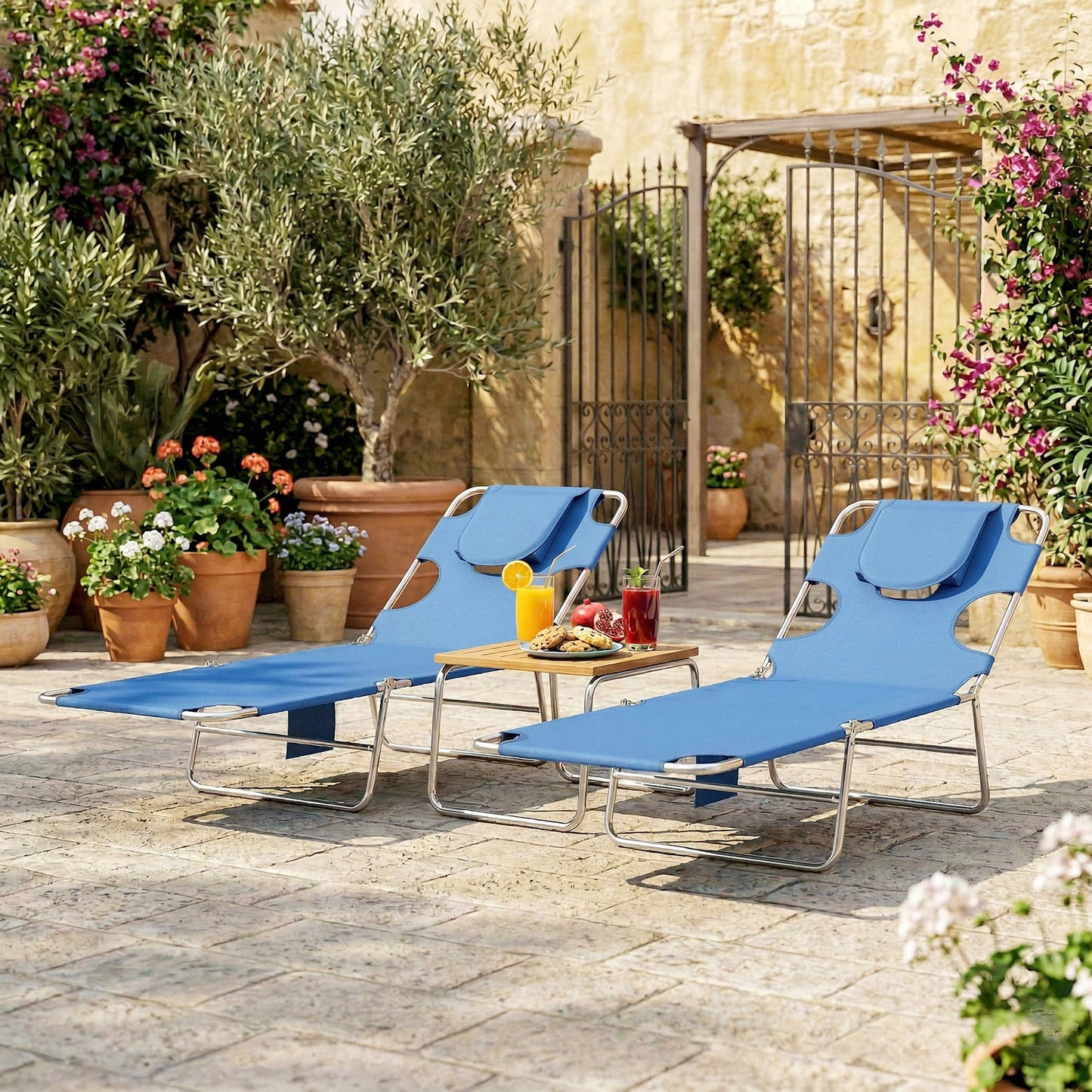 Outsunny Five Position Adjustable Sun Loungers Set Of Two With Reading Hole And Side Pocket In Blue