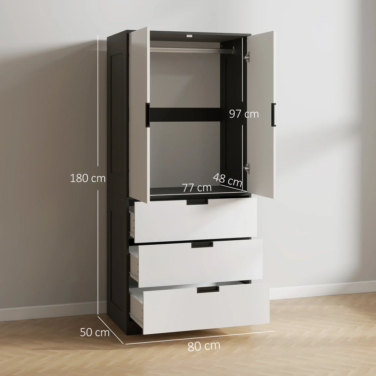 Two-door wardrobe with open hanging area and three drawers, black side panels