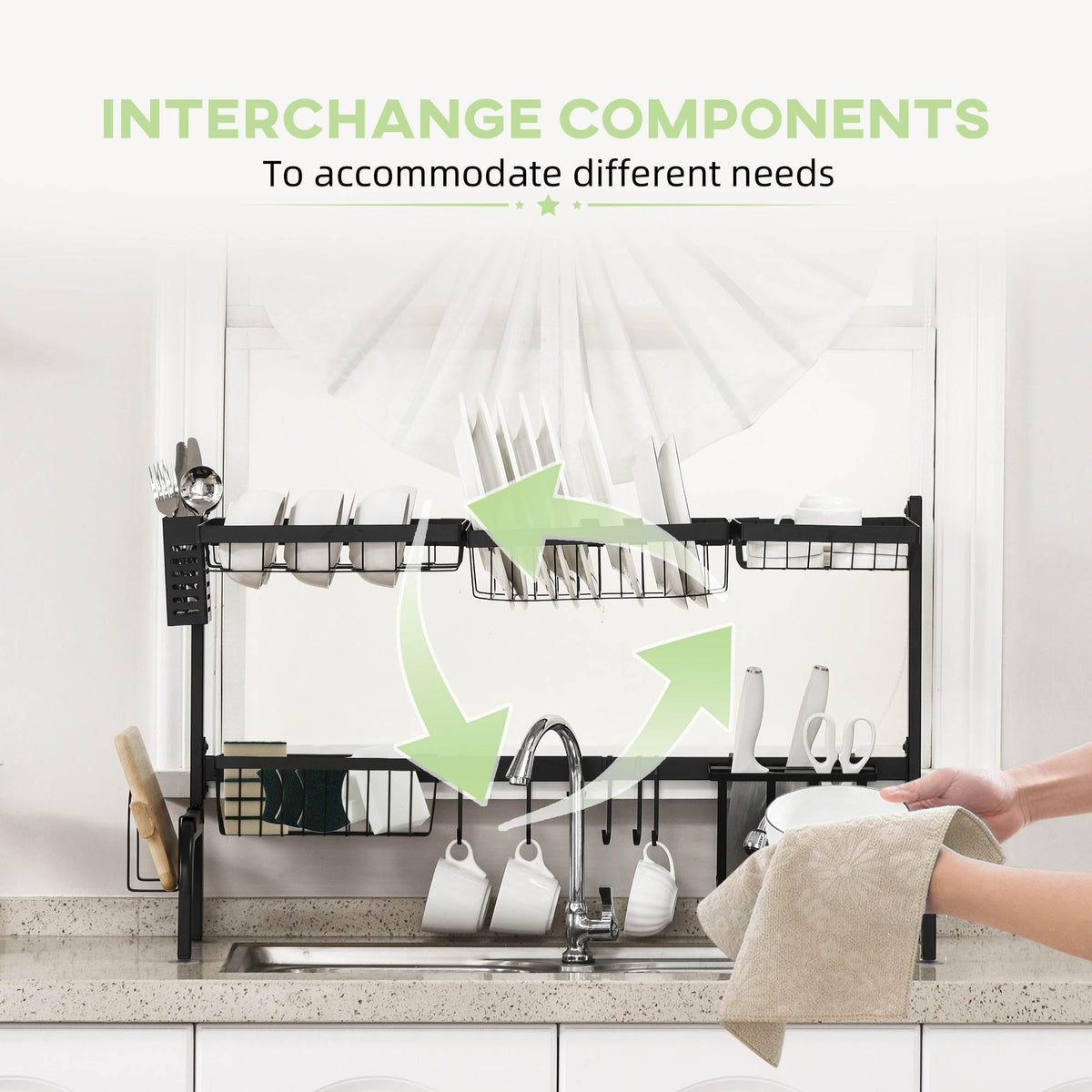 Black 2-tier over-the-sink dish drying rack with interchangeable drying components