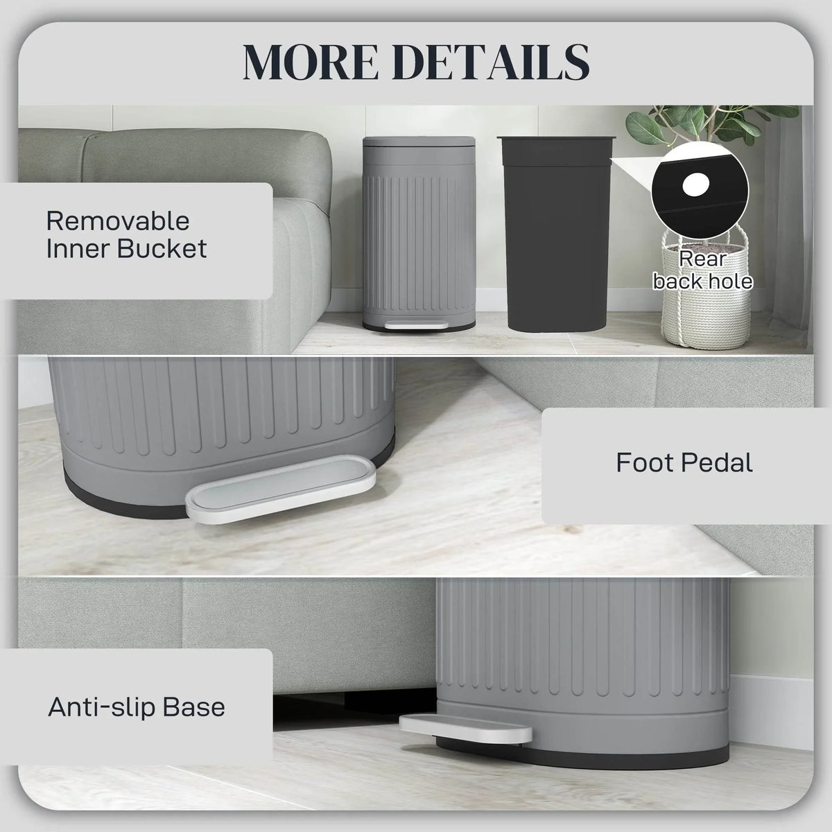 Grey pedal bin showing removable inner bucket, anti-slip base, and foot pedal