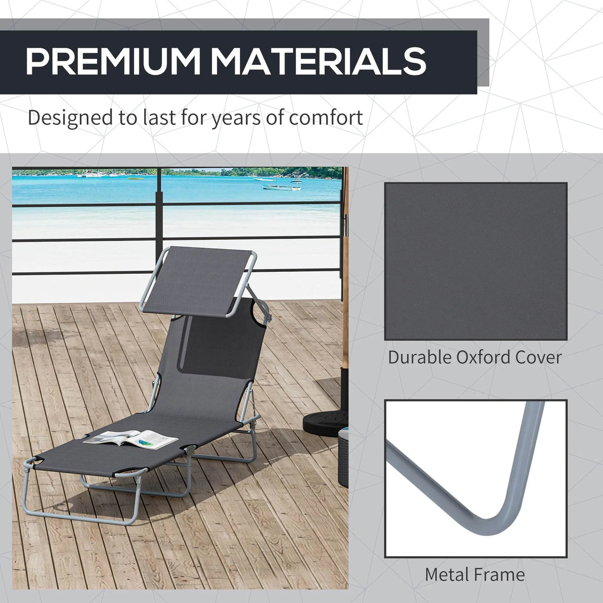 Grey sun lounger with durable oxford cover and metal frame, canopy included