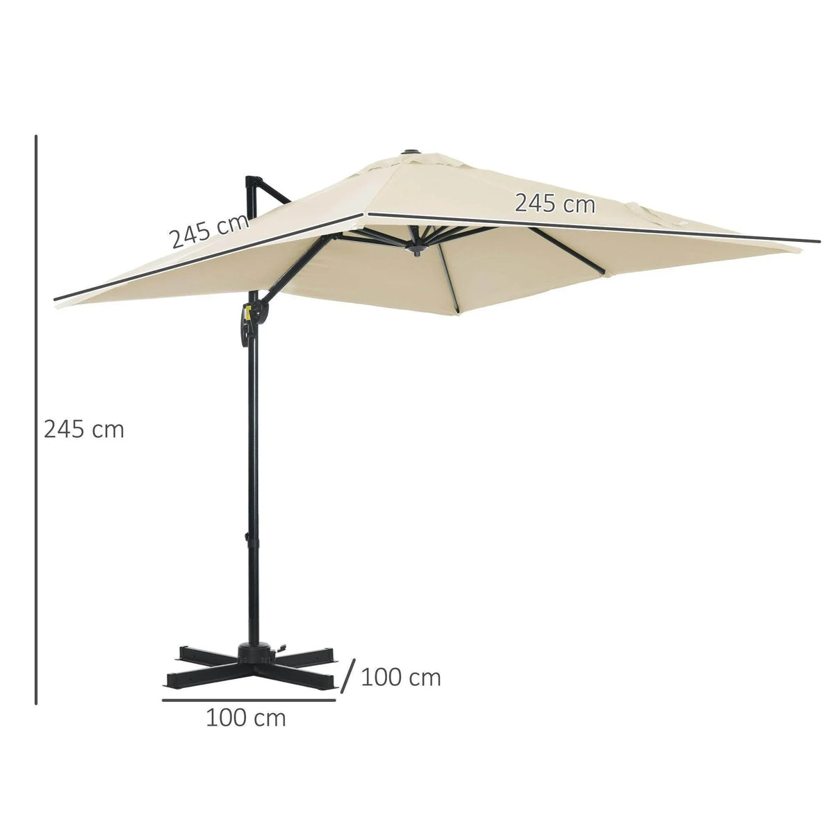 Cream square cantilever umbrella with canopy and black frame, shown with size measurements