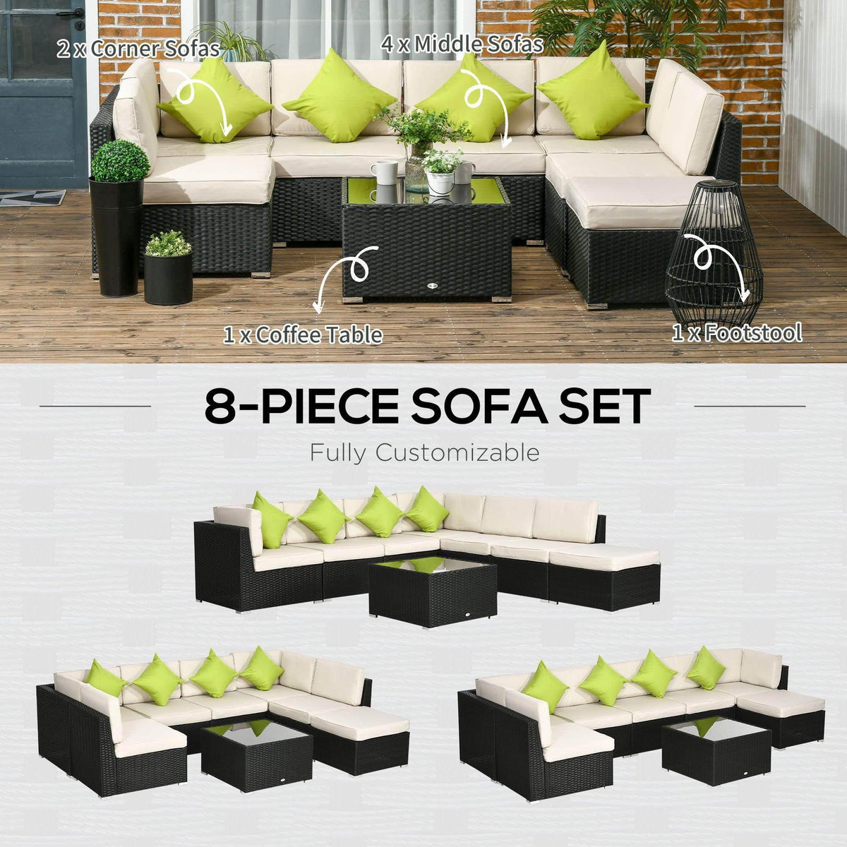 8-piece black rattan sofa set configuration with cream seat cushions and green pillows