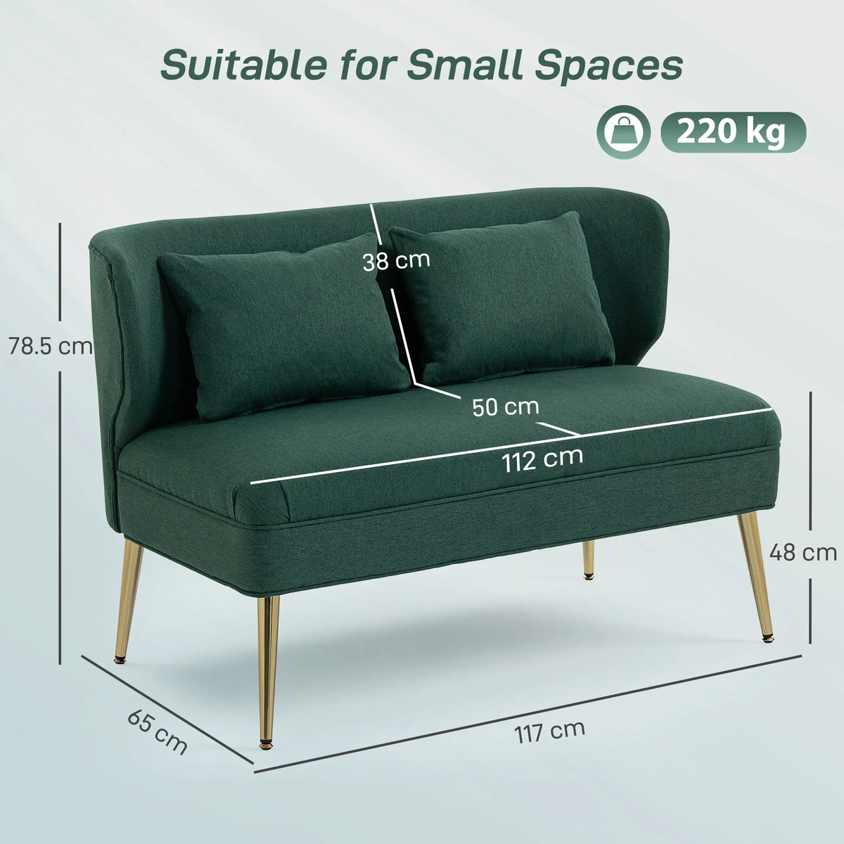 Dark green wing-back 2-seat sofa with two back cushions and raised legs
