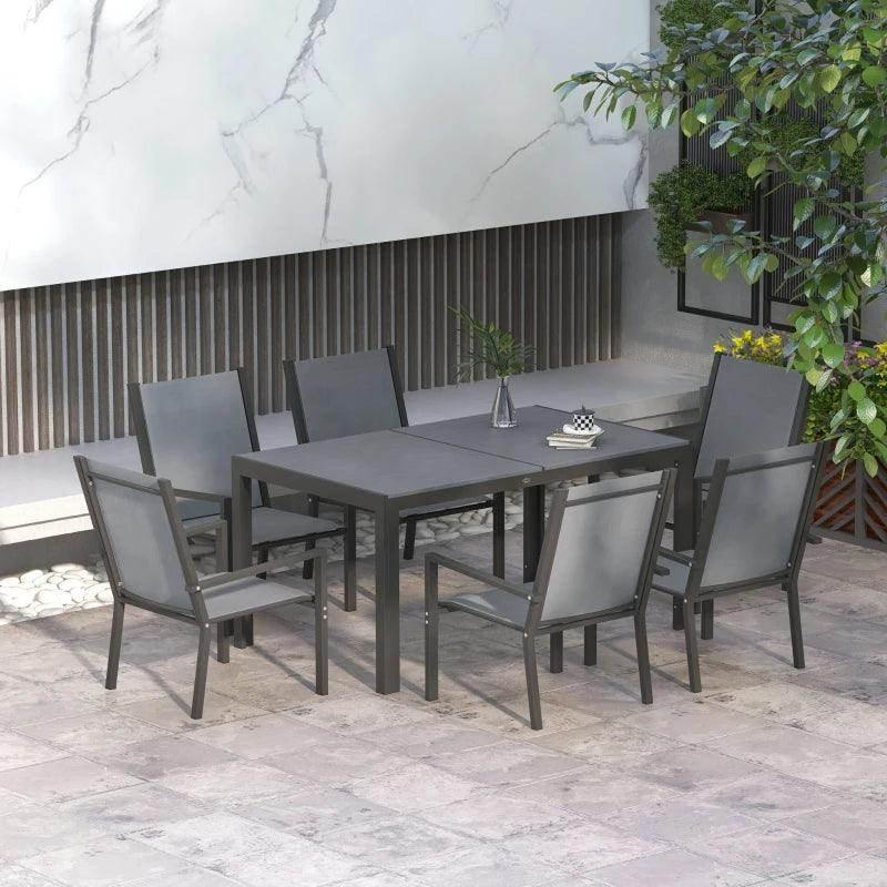 Light grey outdoor dining set with rectangular table and 6 stackable armchairs