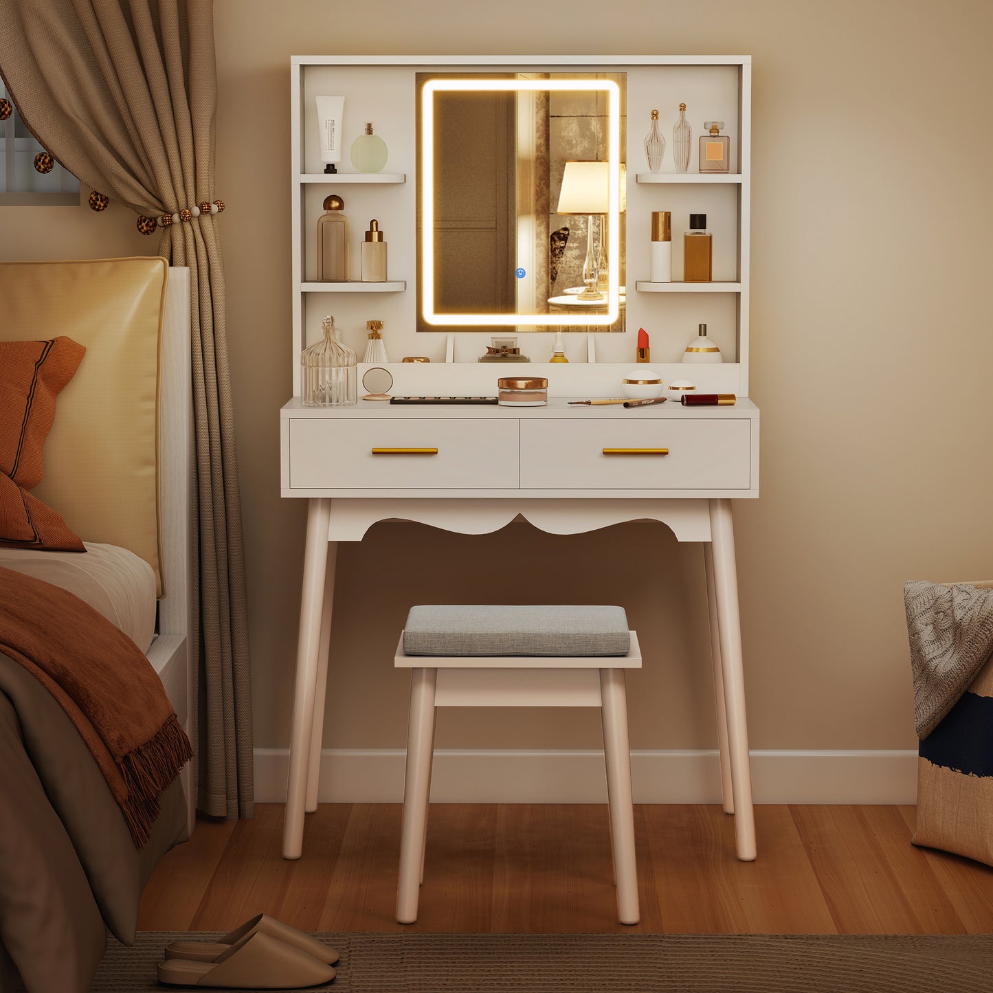 HOMCOM Elegant Dressing Table With LED Mirror And Adjustable Color Temperature White Finish