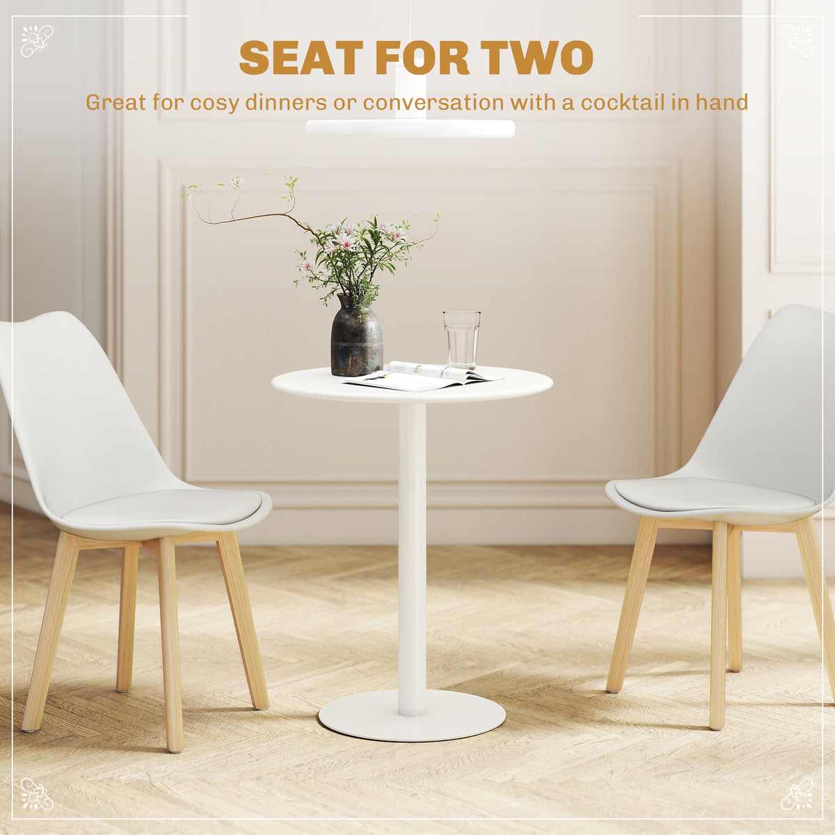 White round dining table for two, pedestal base with chairs in a dining room