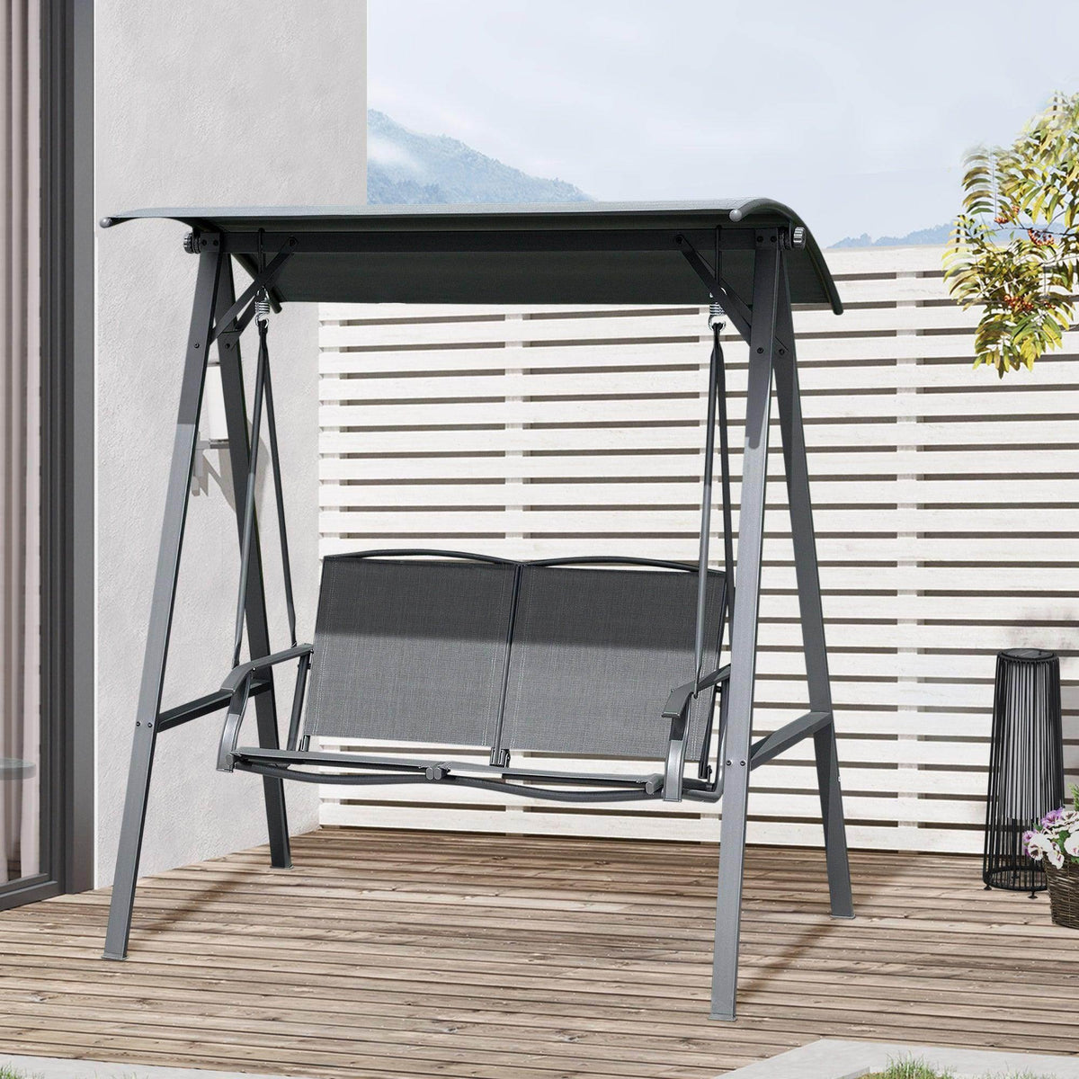 Grey 2-seat garden swing bench with adjustable canopy and fabric seat/back