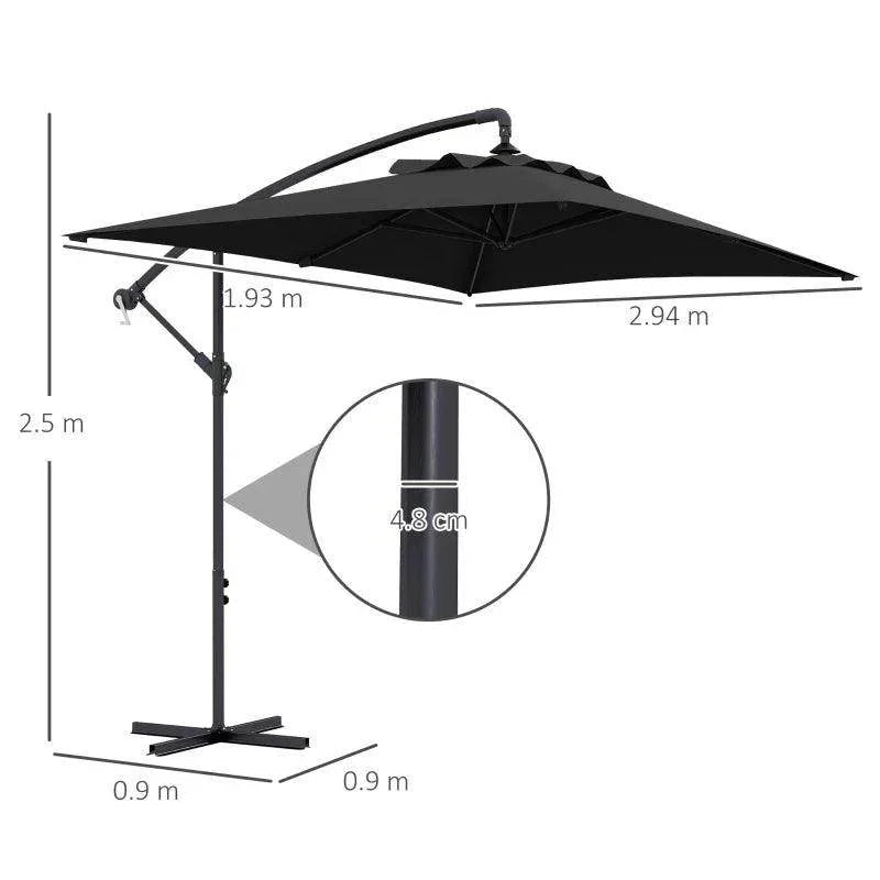 Black cantilever patio parasol with rectangular canopy, crank arm, and tall pole