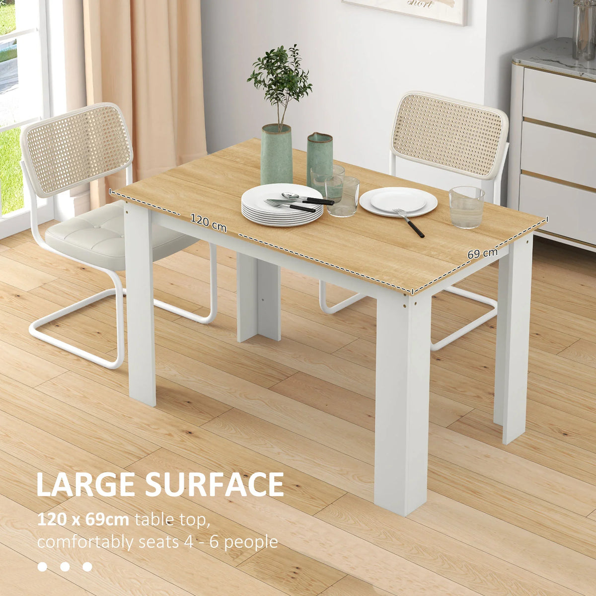 White and oak-effect dining table with 120 x 69 cm surface for 4–6 people
