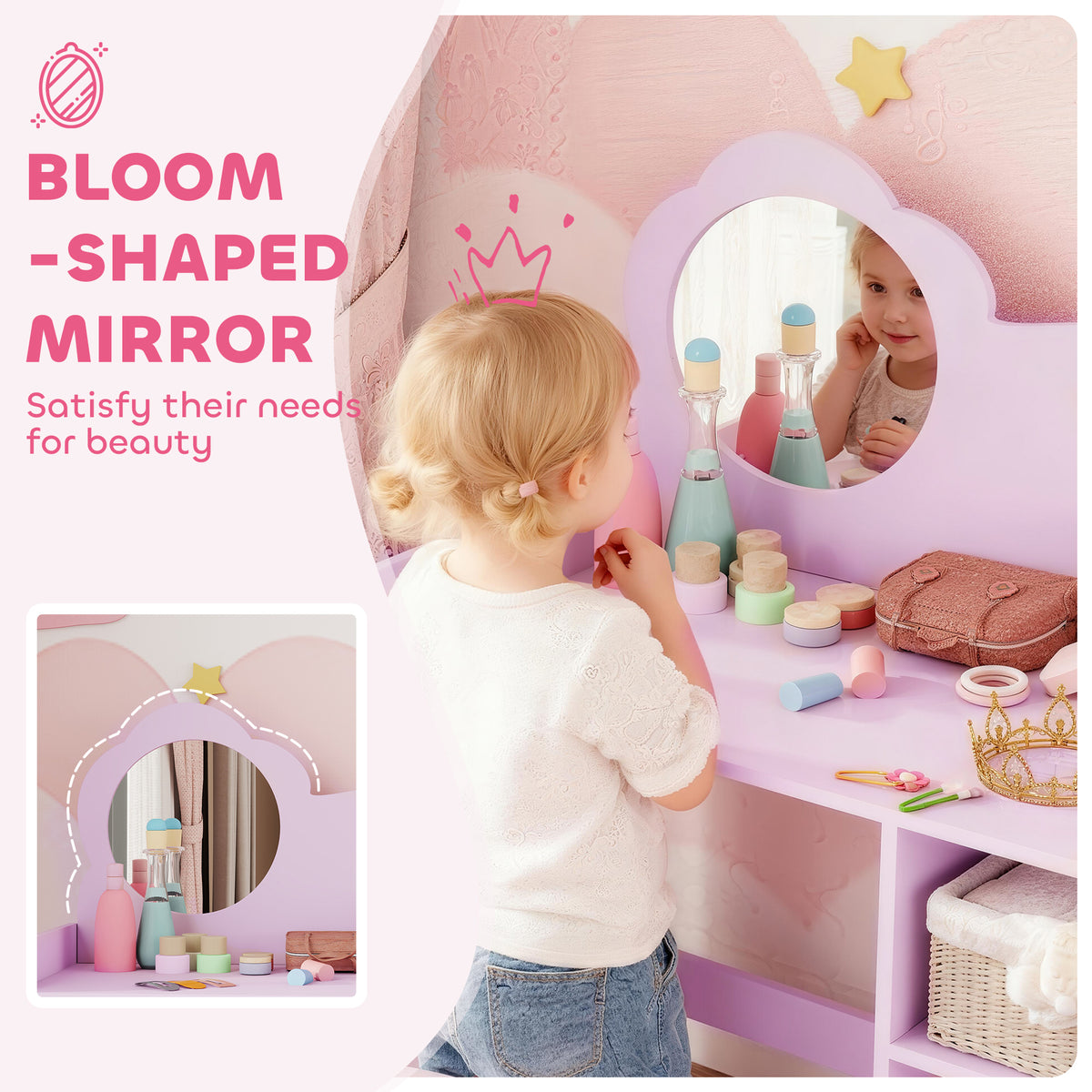 Purple vanity table with bloom-shaped mirror and open shelves, child playing with beauty set