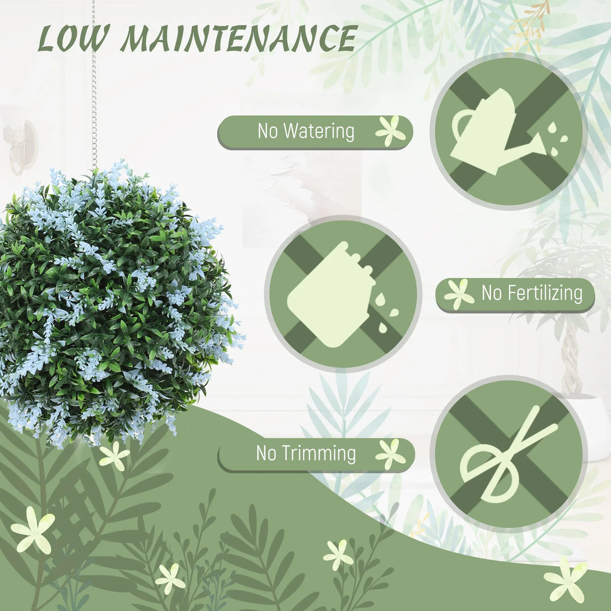 Blue artificial topiary ball with dense leaves on a hanging chain, low-maintenance look