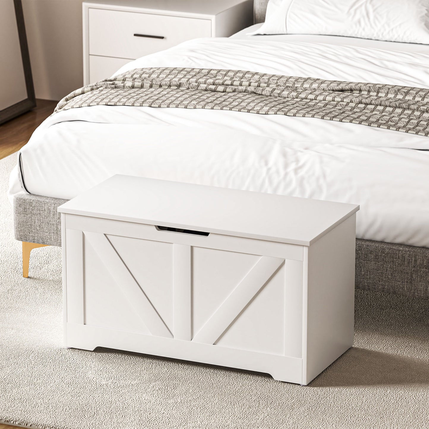 HOMCOM 100 L Home Storage Box With Safety Hinges White Wood Effect Storage Ottoman Seat