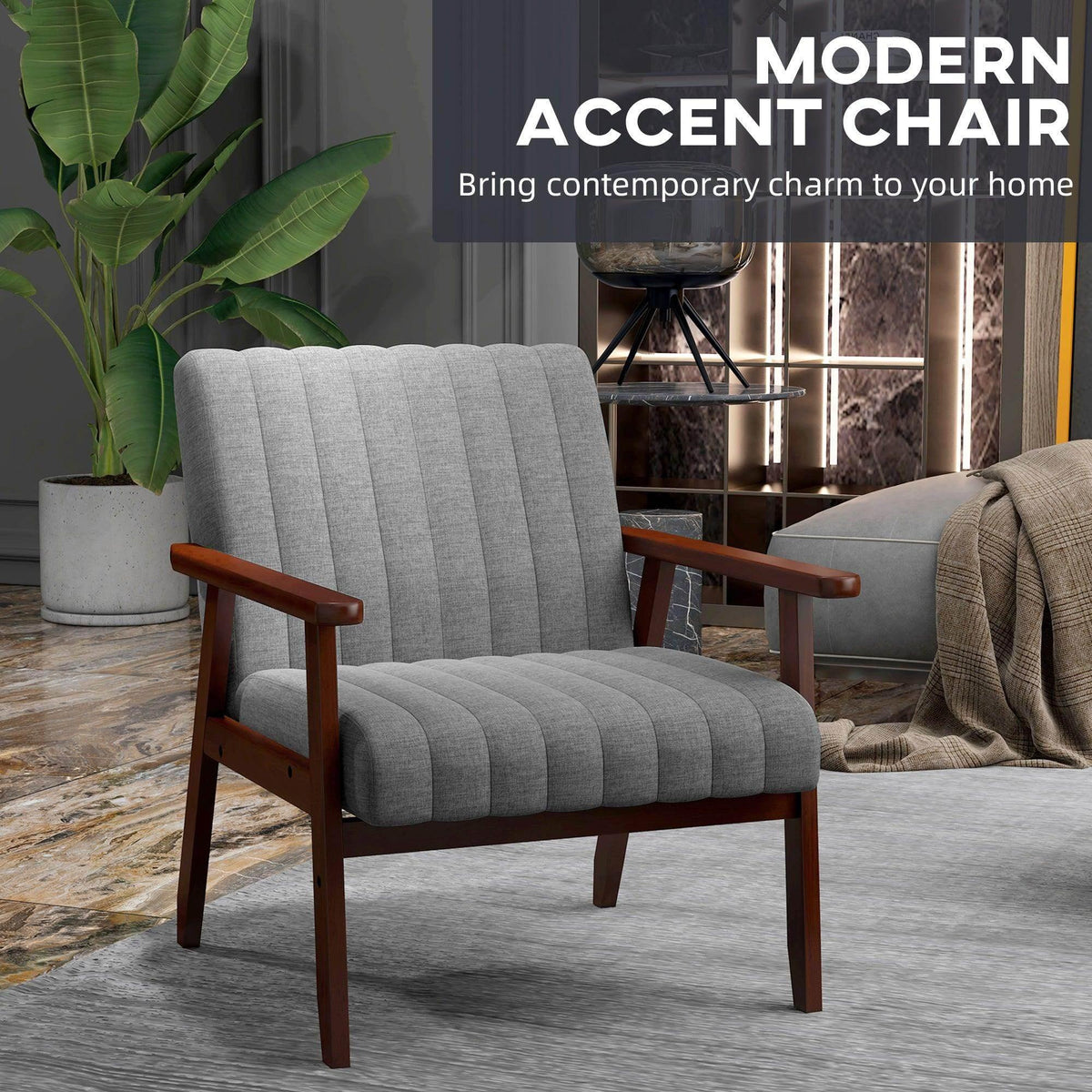 Grey fabric accent armchair with curved dark wood arms and padded seat