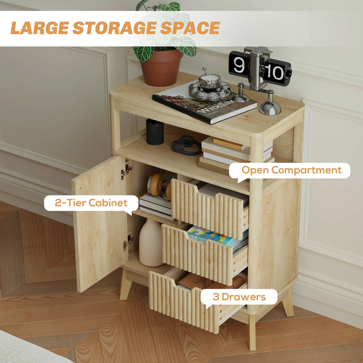 Light wood sideboard with open compartment, two-tier shelf, and three drawers