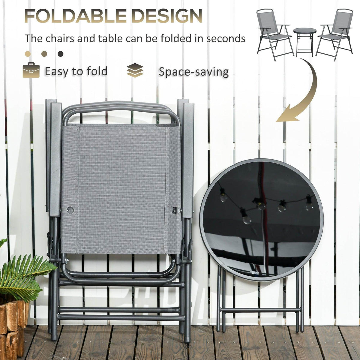 Foldable armchair stacking frame with light grey mesh back and seat; round table shown nearby