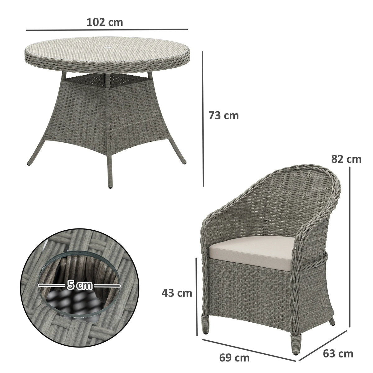 Grey woven rattan round dining table and padded armchair with thick seat cushion