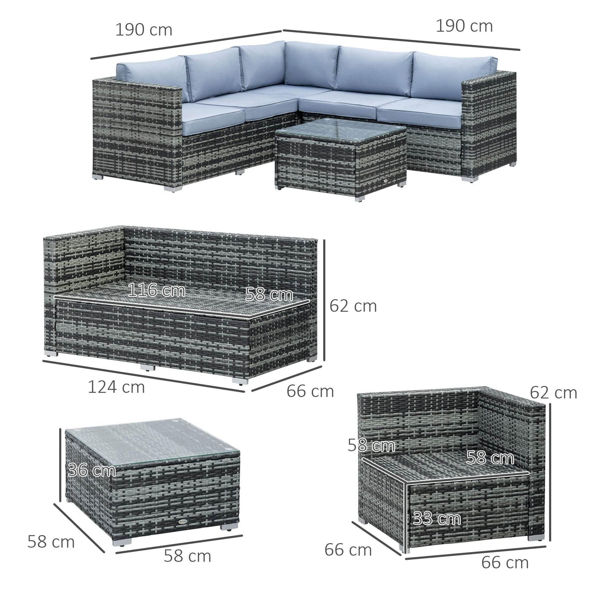 Grey outdoor corner rattan sofa set with light-blue cushions and glass coffee table