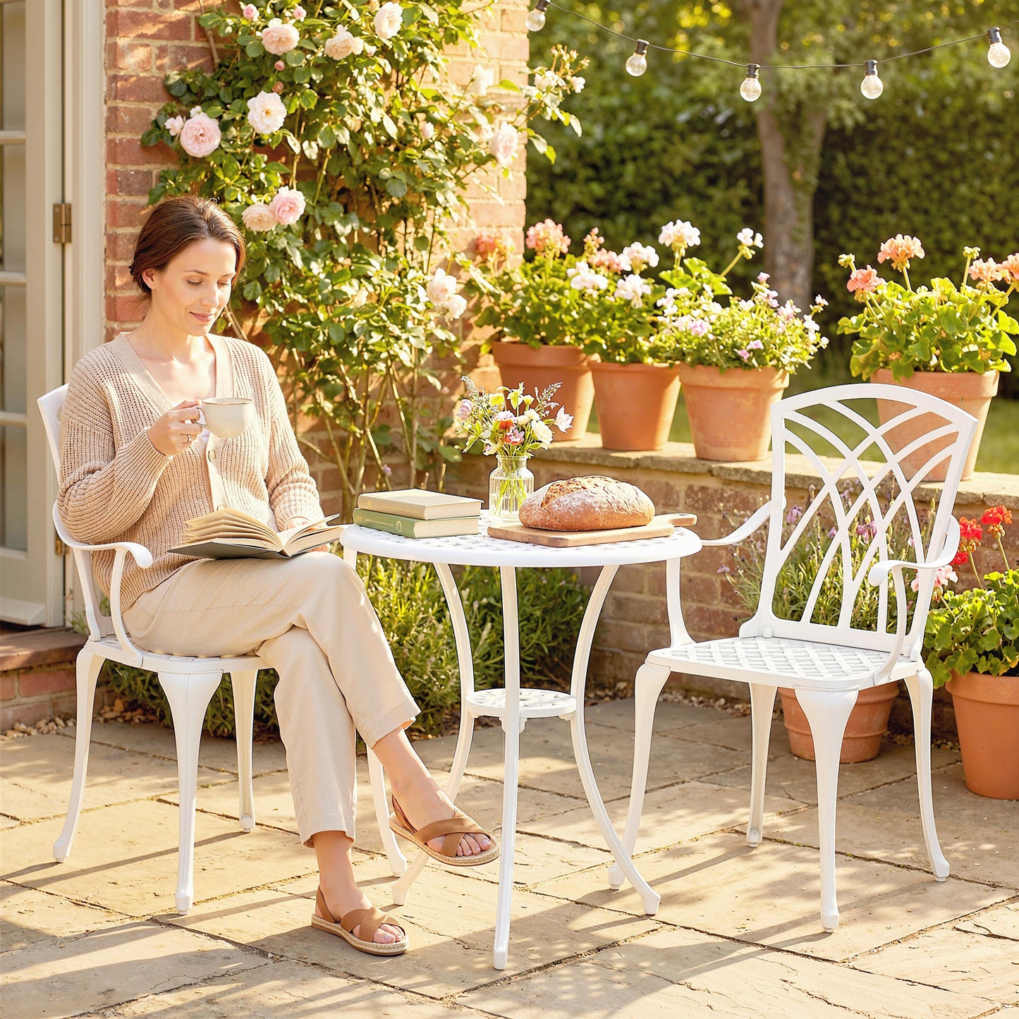 Outsunny 3 Piece Garden Bistro Set Cast Aluminium Outdoor Dining Set With 2 Chairs And Round Table Parasol Hole White