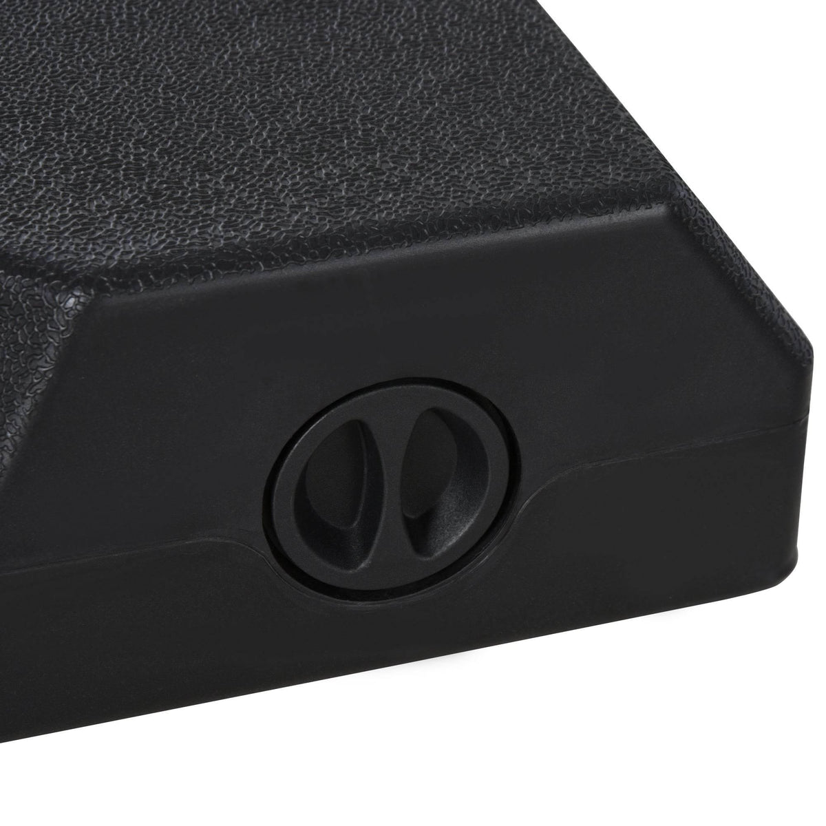 Black steel umbrella base with circular lifting connector detail