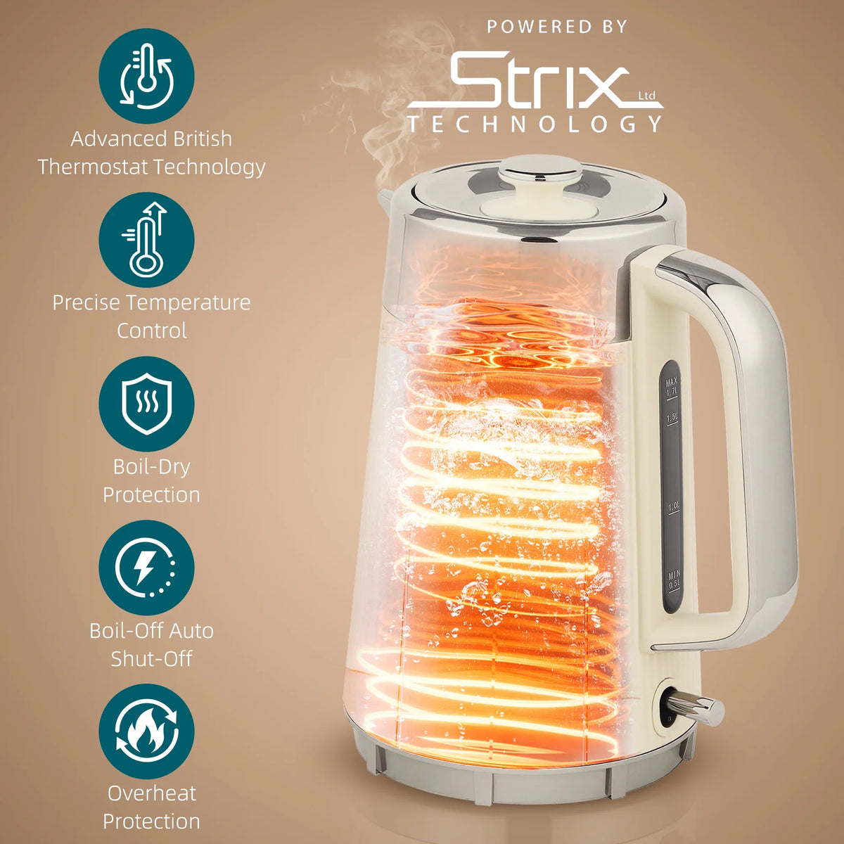 Cream electric kettle with transparent heating chamber and stainless-steel spout
