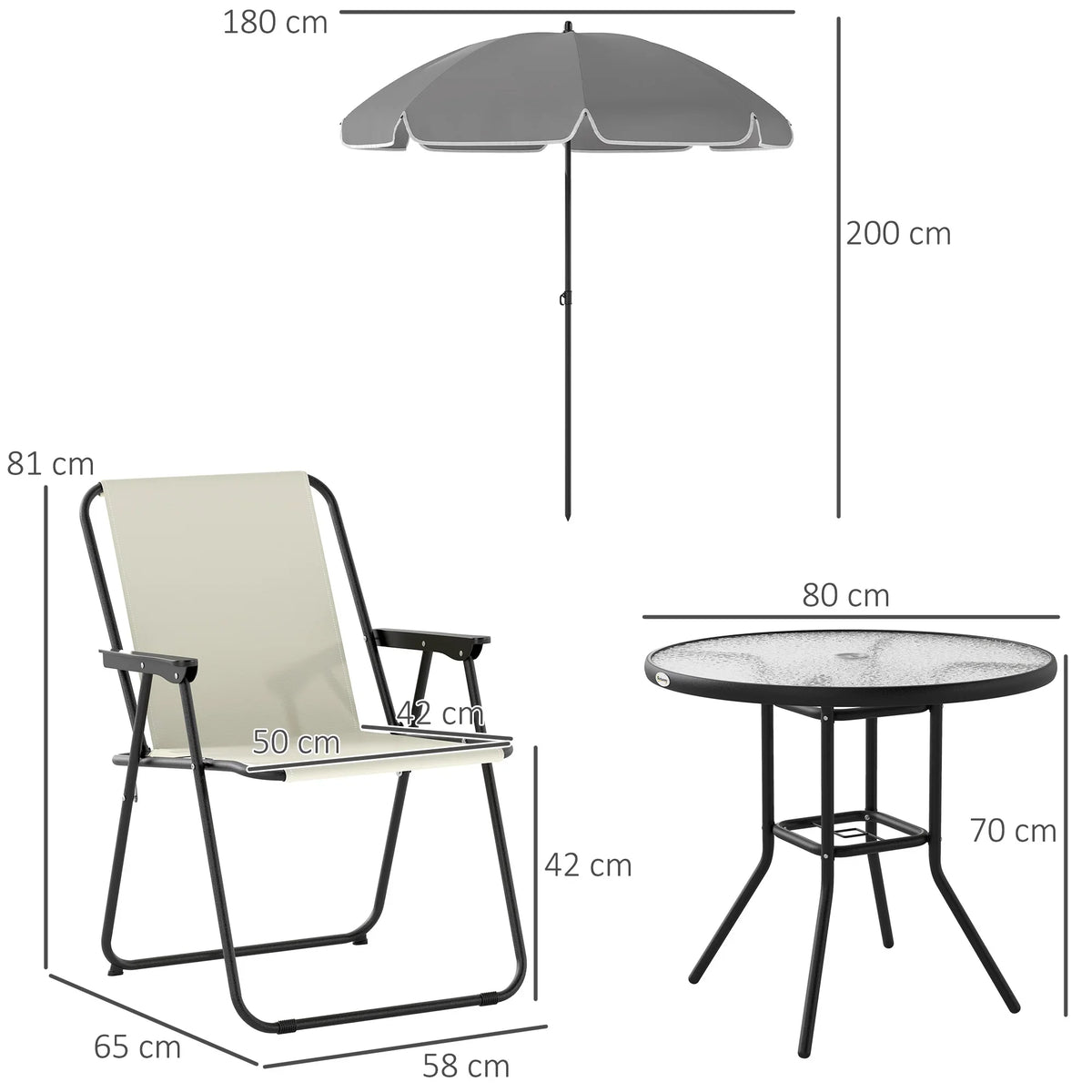 Patio furniture set sizing diagram: folding chair, round glass table, parasol