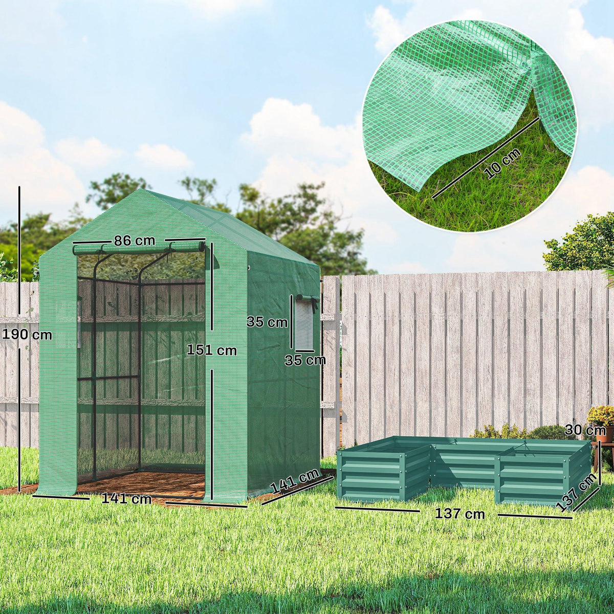 Green walk-in greenhouse with raised garden bed, showing side panels and frame supports