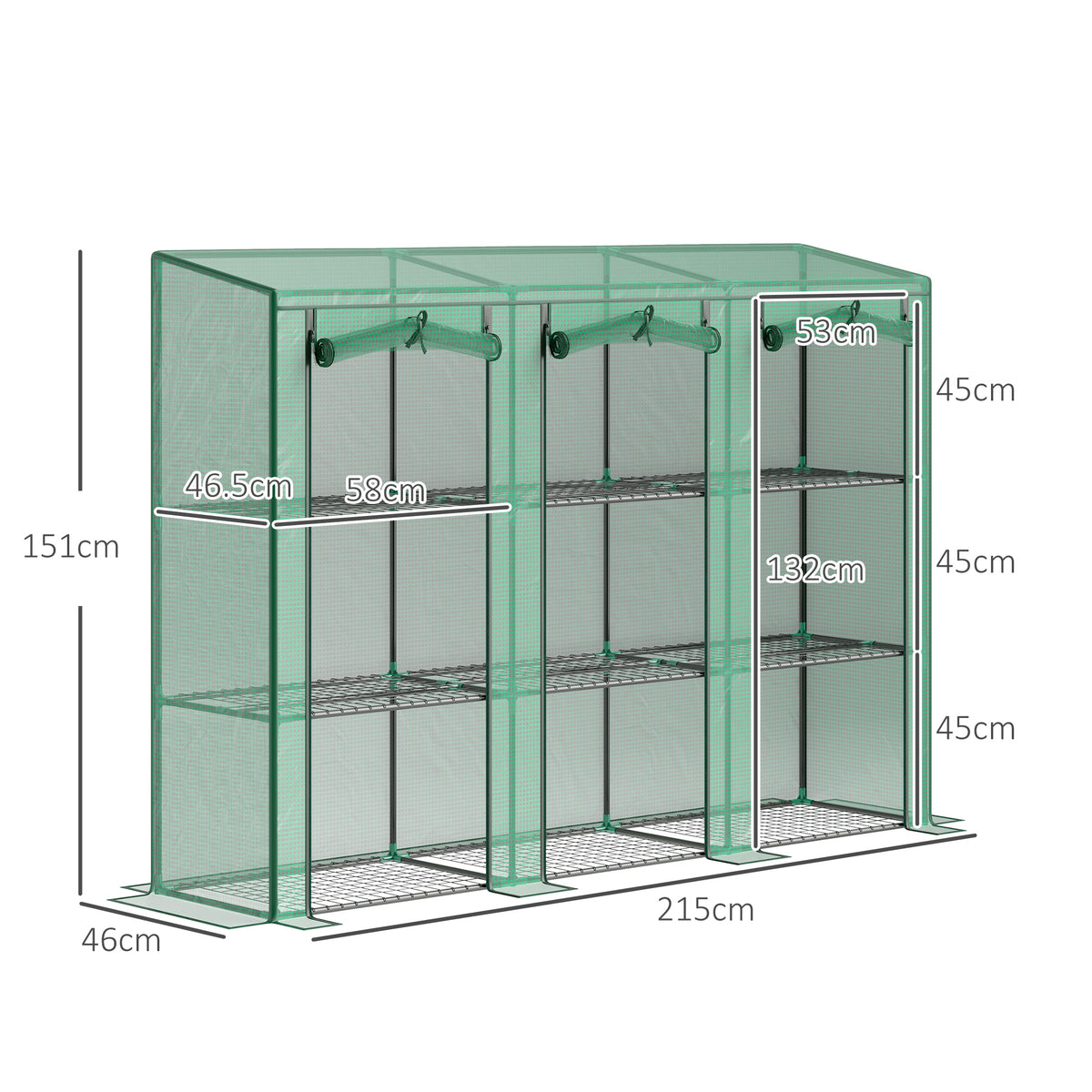 Green three-tier plastic greenhouse with clear cover, wire shelves, and size dimensions