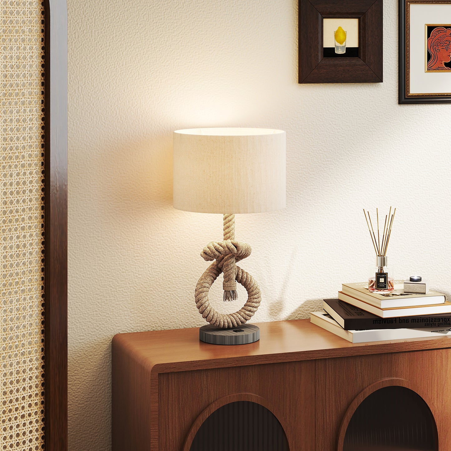 HOMCOM Nautical Table Lamps Set Of 2 With USB Port For Bedroom And Living Room Warm White LED Bulbs Included Hemp Rope