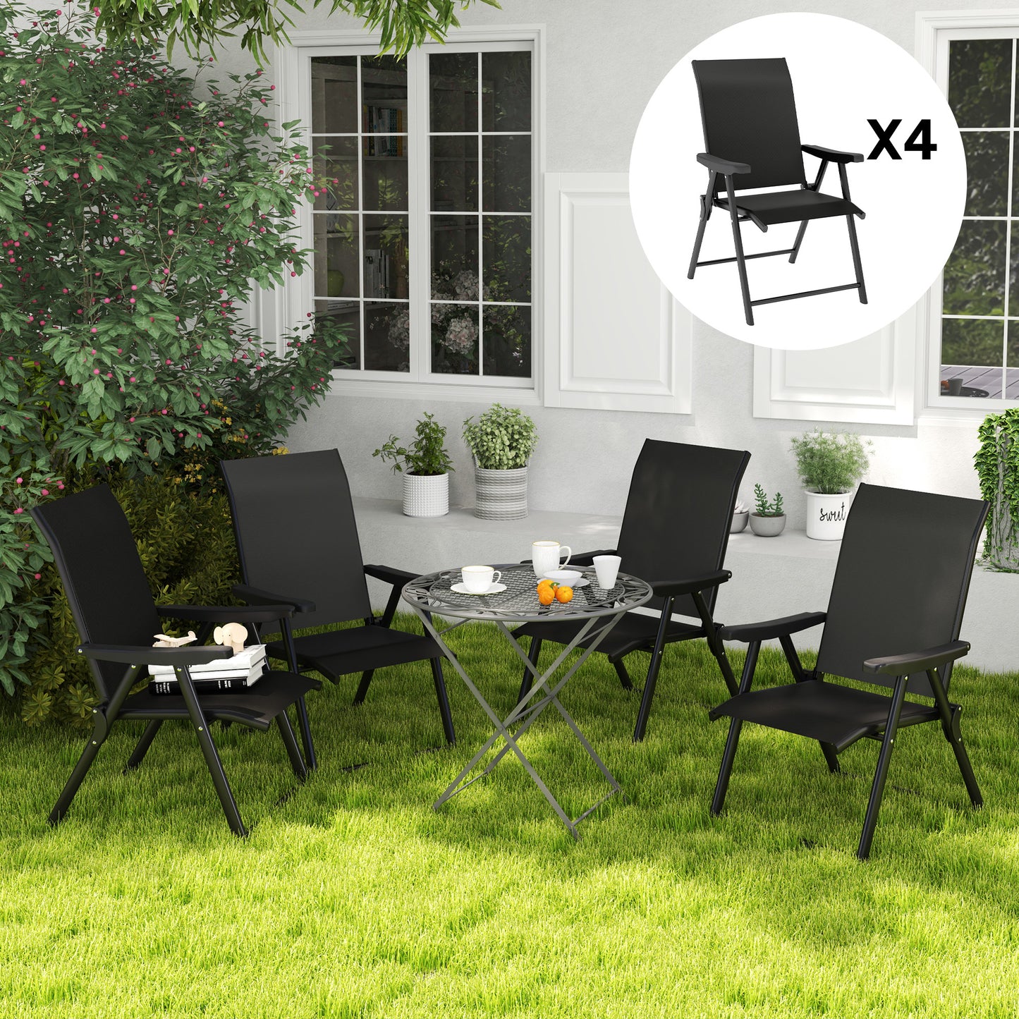 Outsunny Set Of Four Folding Outdoor Chairs Black With 63cm High Backrests And Breathable Mesh Seats