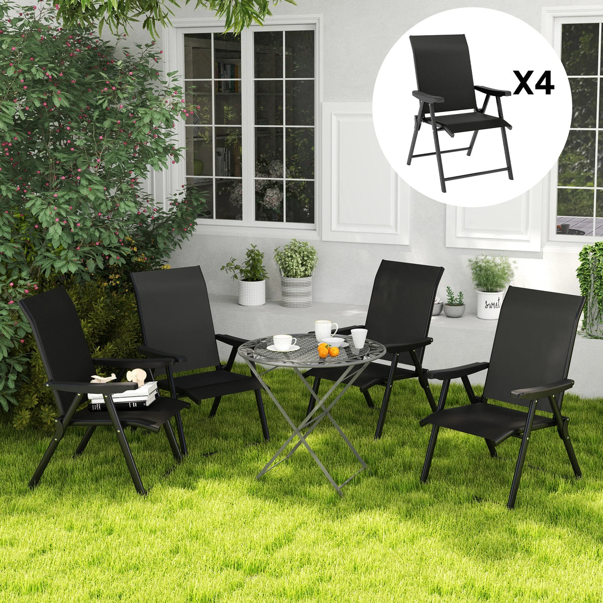 Black folding outdoor chairs set of four with tall backs and breathable mesh seats