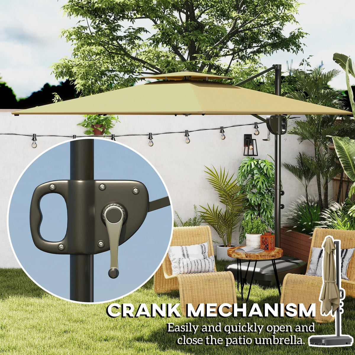 Crank-tilt cantilever parasol with canopy support and crank mechanism.