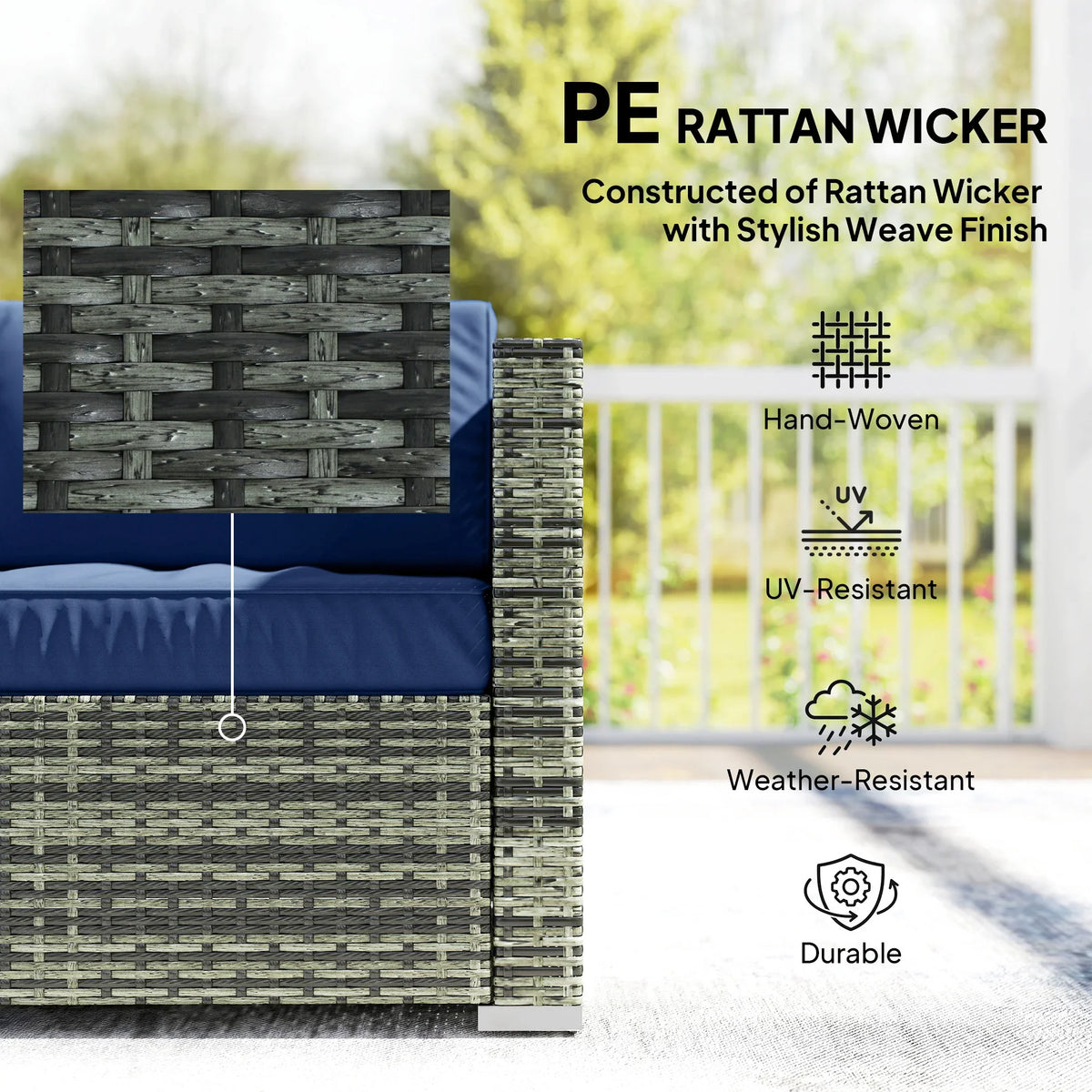 Rattan wicker weave panel with blue outdoor cushion on a sturdy patio sofa frame