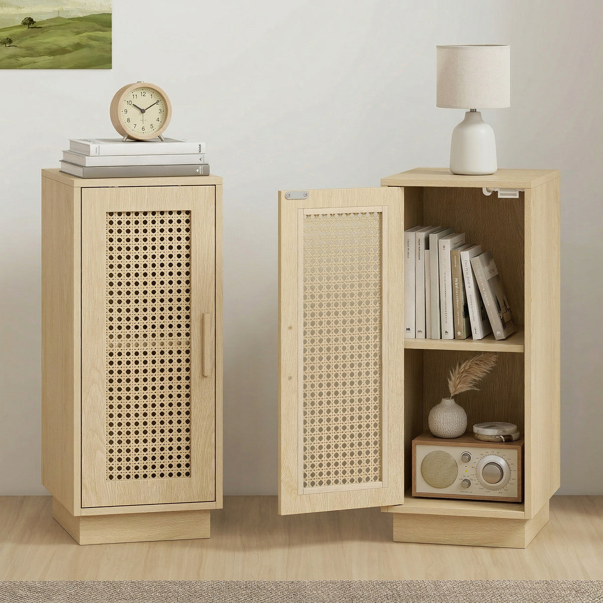 Two slim rattan door nightstands, one open to show storage shelves