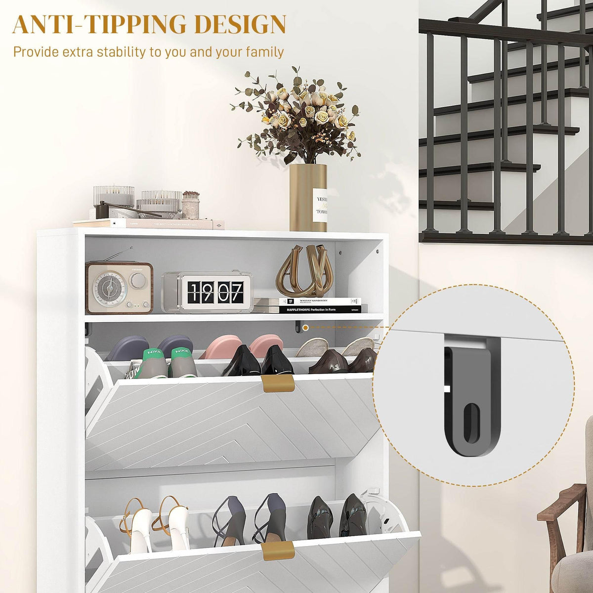 White shoe cabinet with anti-tipping detail near base and flip drawers open for shoe storage.