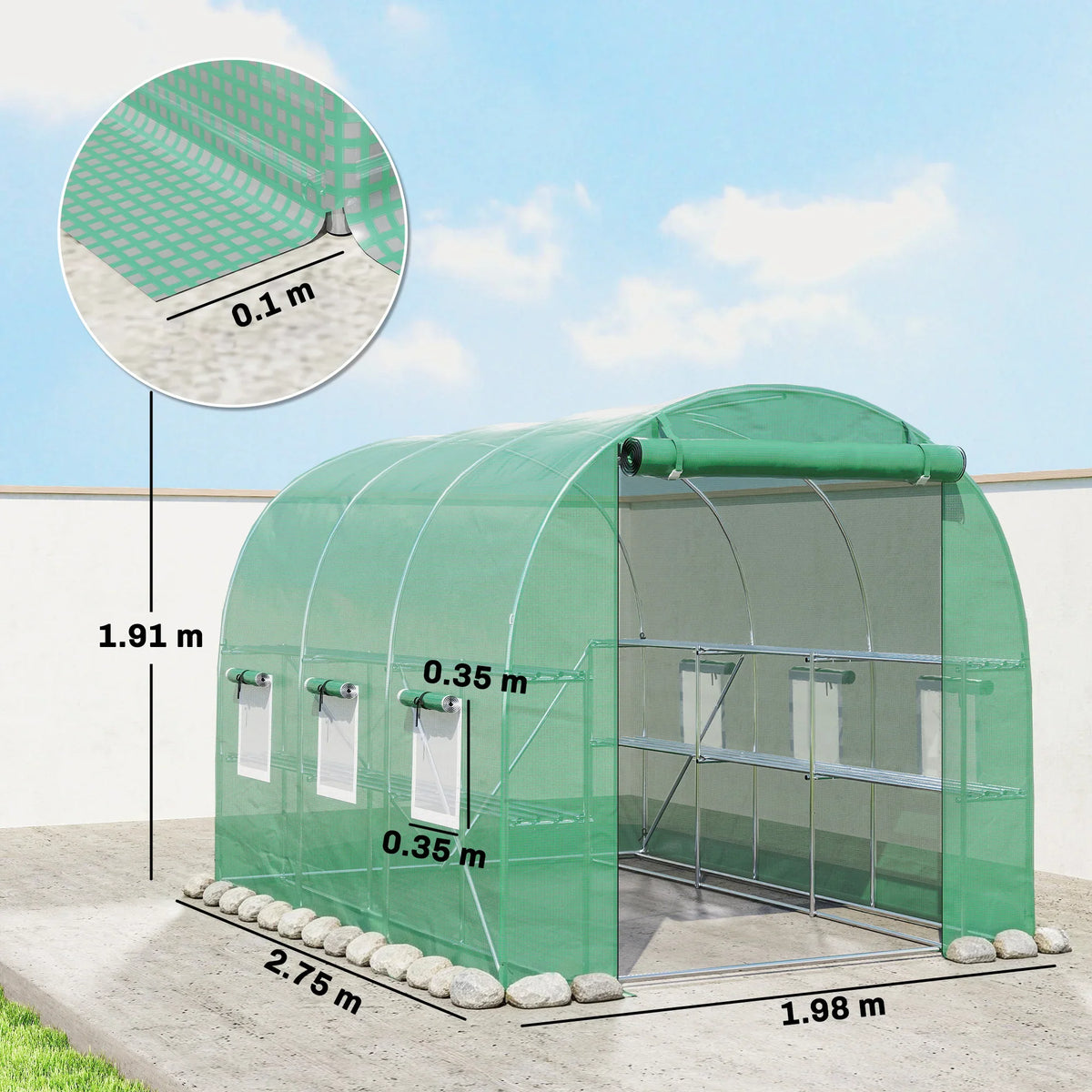 Green walk-in greenhouse polytunnel with roll-up door, side view, shelving, and mesh windows