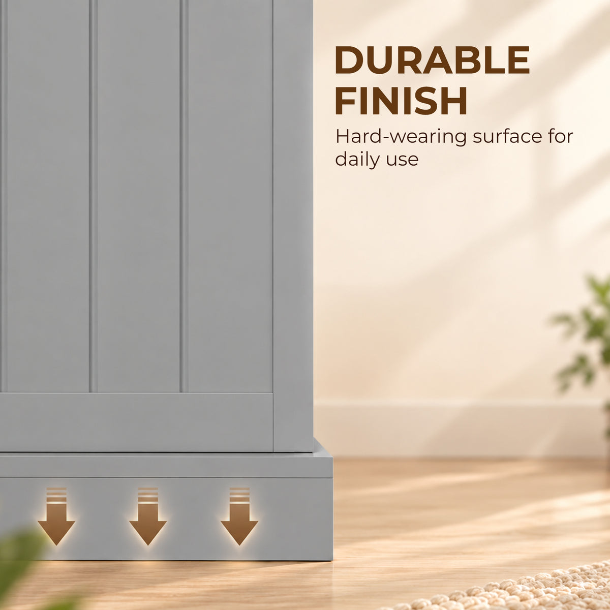 Grey cabinet base panel with durable finish lower edge