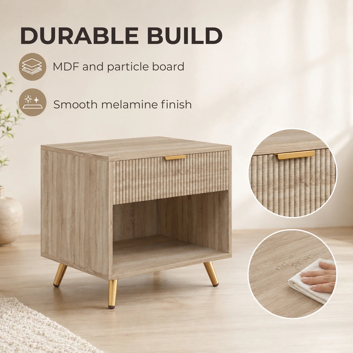 Natural wood nightstand with ribbed drawer front, open shelf, and gold legs