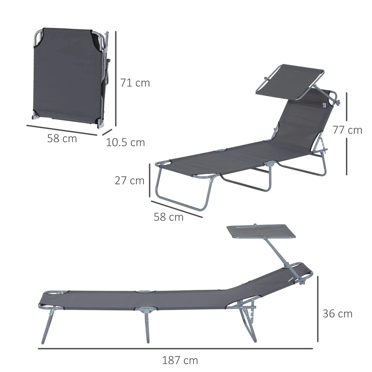 Foldable grey sun lounger with adjustable reclining back and canopy shade