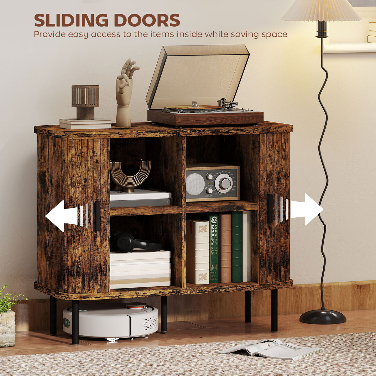 Rustic brown sideboard cabinet with open tambour-style doors and two-tier storage
