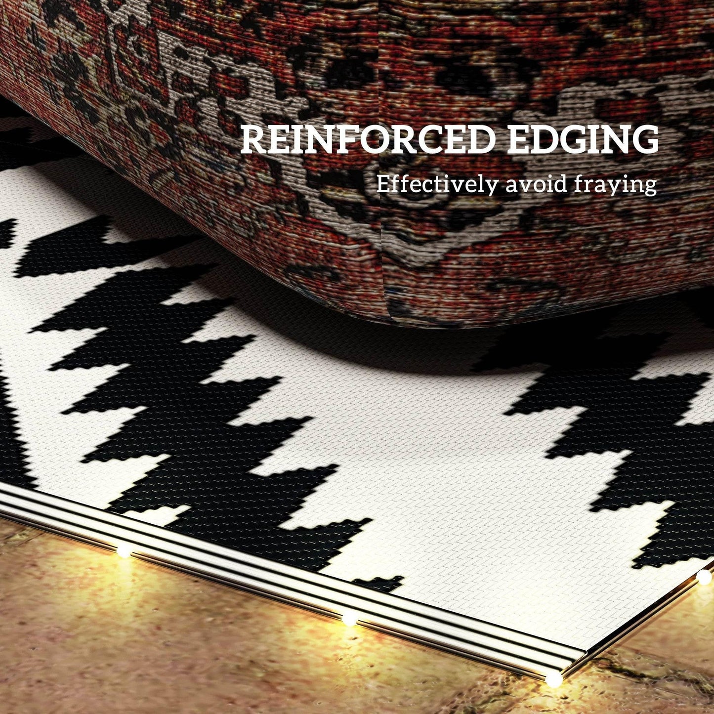 Outsunny Reversible Outdoor Rug with LED Lighting and Carry Bag - 182 x 274cm, Black and White - ALL4U RETAILER LTD