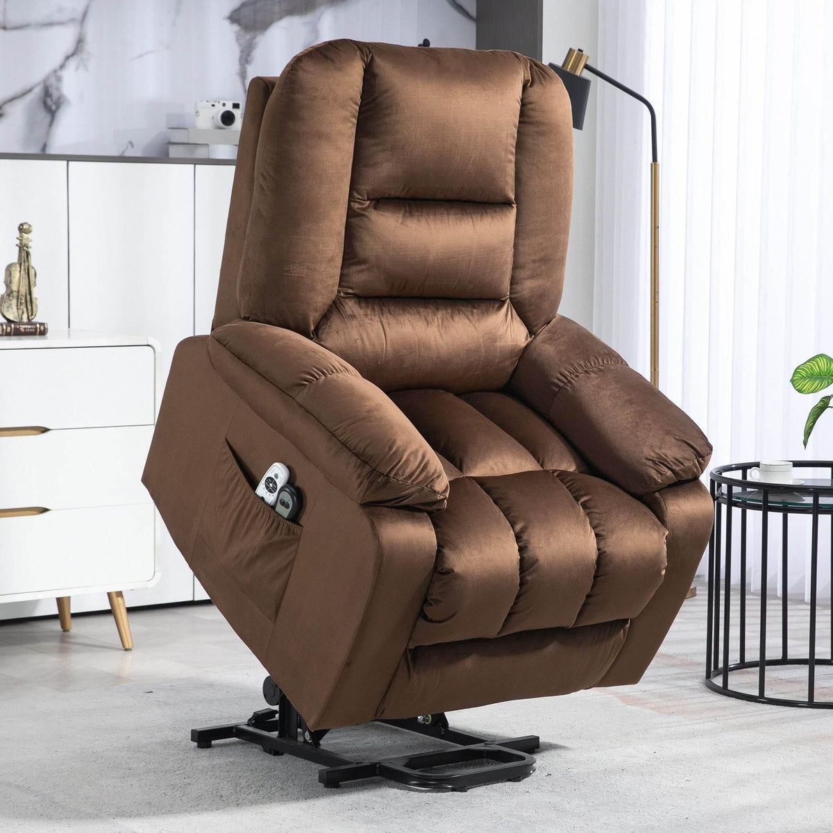 Brown velvet electric lift recliner chair with padded headrest and side controller pocket
