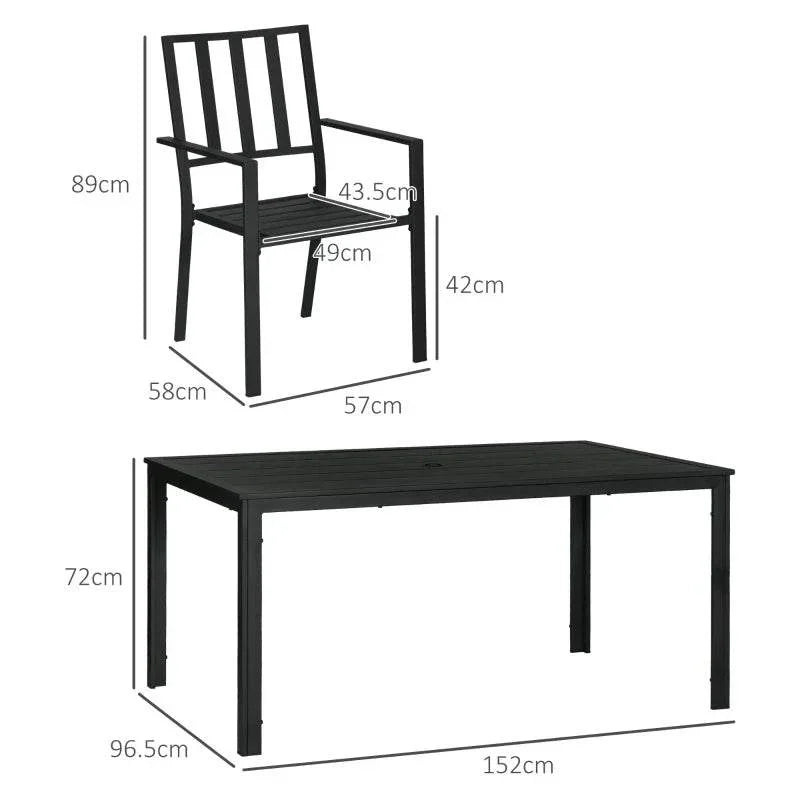 Black metal dining set: rectangular table with armchair, size diagram view