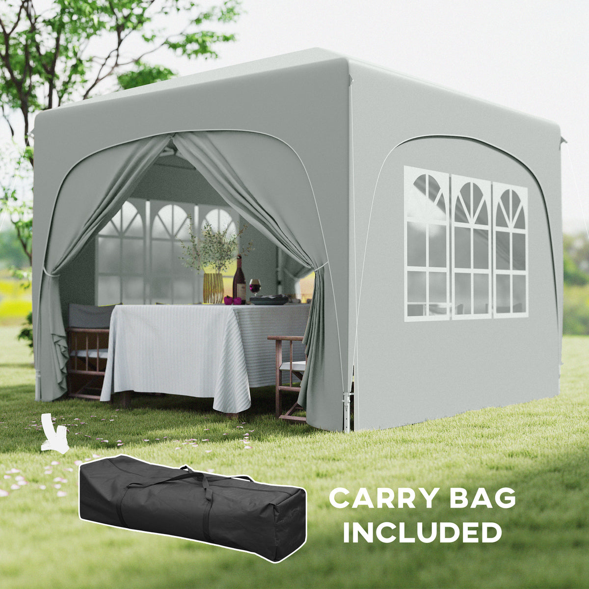 Light grey pop-up gazebo shelter with front curtains and included carry bag accessory