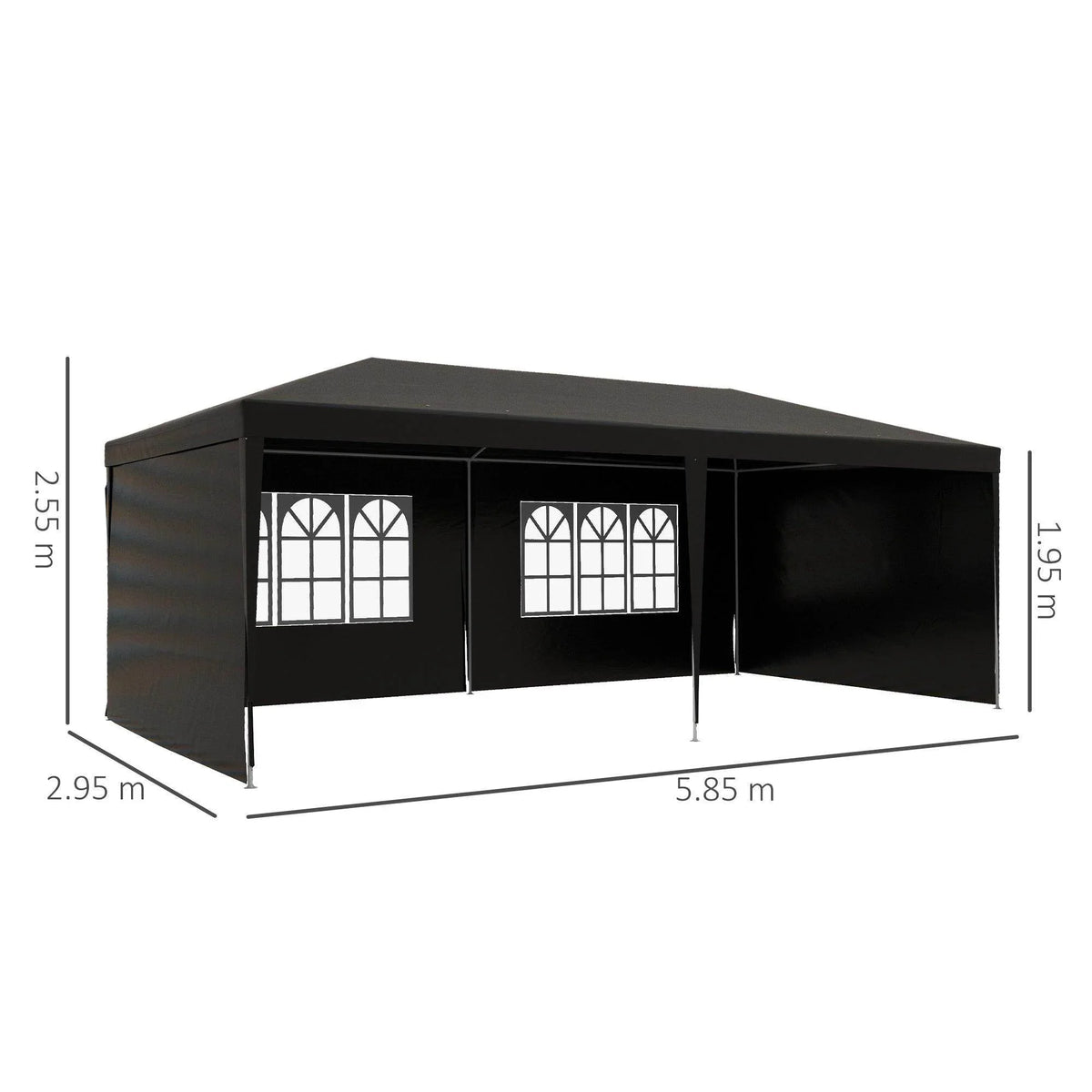Black garden gazebo tent with peaked roof and four clear window panels; side view with measurements