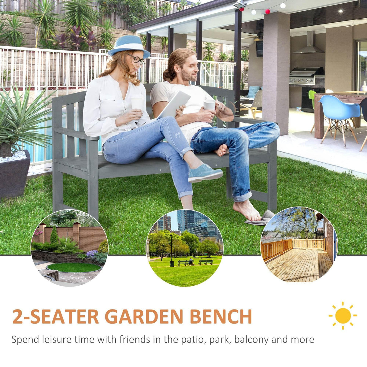 Grey outdoor garden bench with curved back slats and smooth armrests