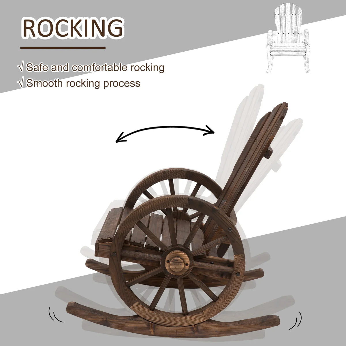 Dark brown wooden rocking chair, side view with slatted back and wheel-like rocker base.